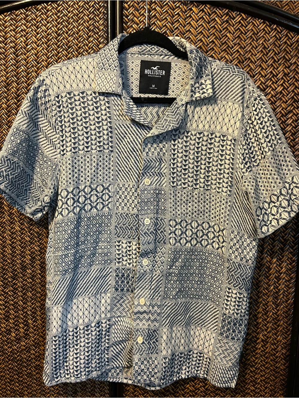 Hollister Blue and White Patchwork Short-Sleeve Button-Up Shirt